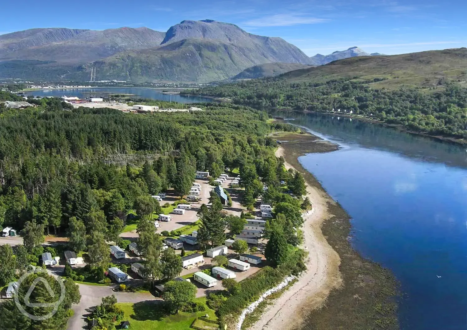 Aerial of the campsite and Loch Eli