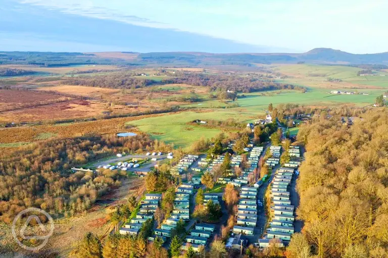 Aerial of Trossachs Holiday Park with views towards Queen Elizabeth Forest Park