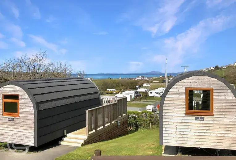 Camping pods with sea views and raised decking areas