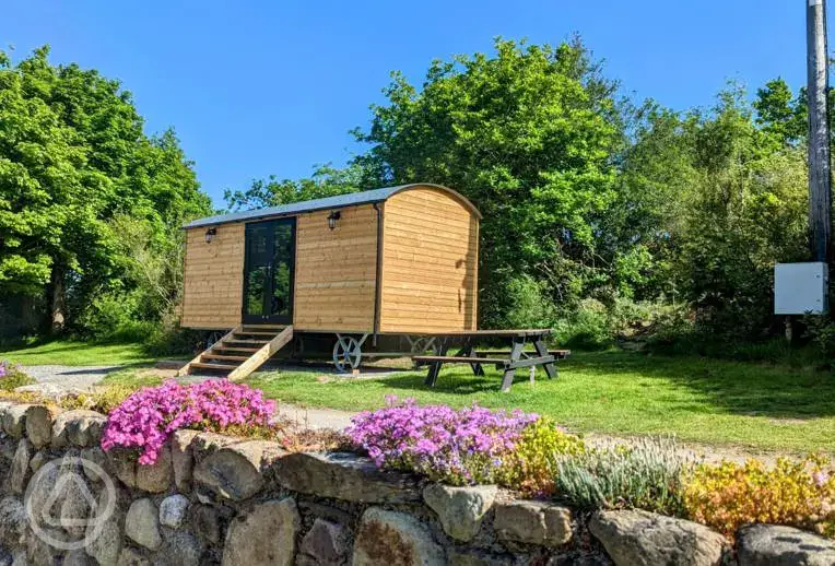 Shepherd's hut with outdoor seating at Bryn Gloch