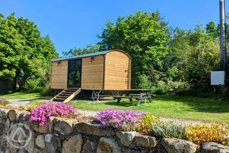 Shepherd's hut with outdoor seating at Bryn Gloch