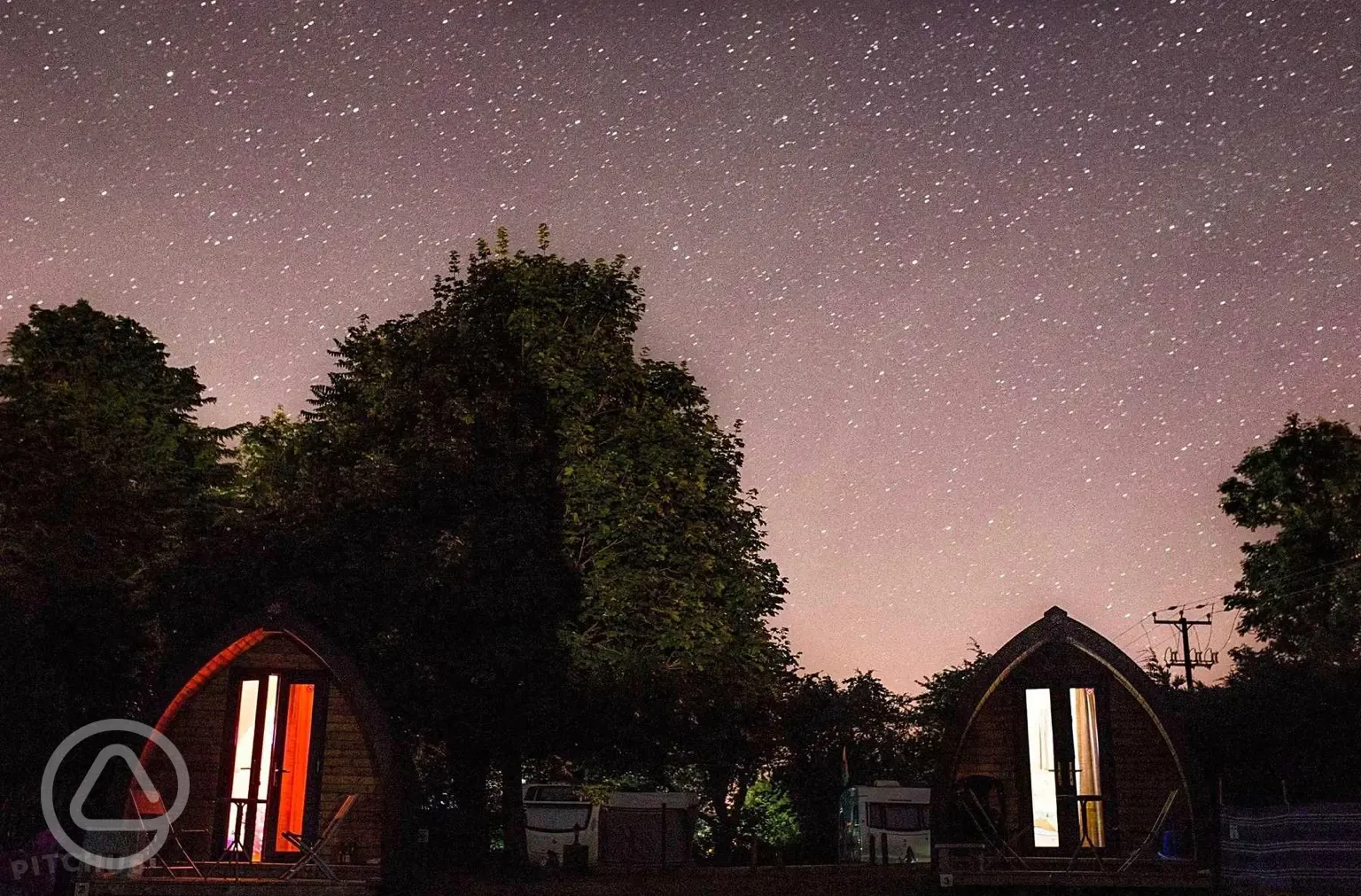 Camping pods at night