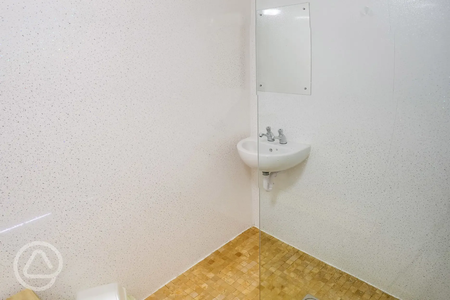 Shower with sink, mirror and seating