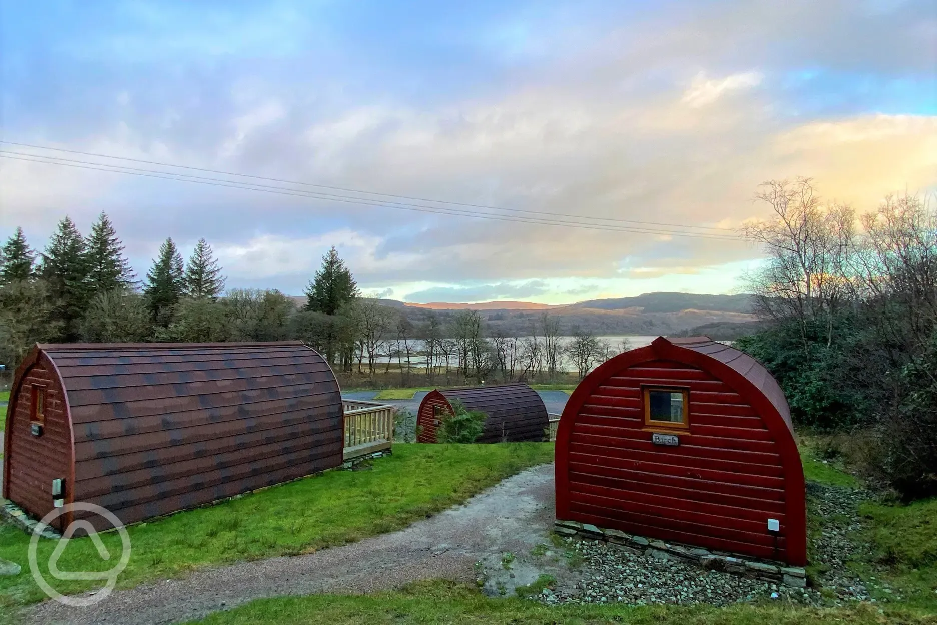 Glamping pods at sunset
