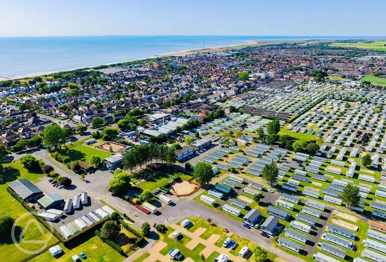 Aerial of North Shore Holiday Park with views to Skegness and the coast