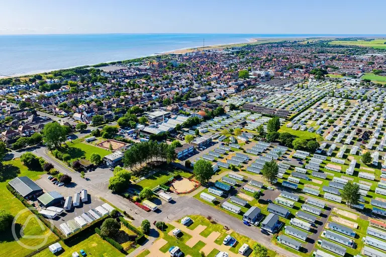 Aerial of North Shore Holiday Park with views to Skegness and the coast