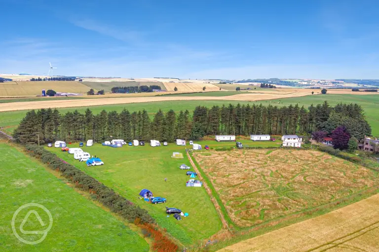 Aerial view of the pitches at East Balthangie with distant countryside views