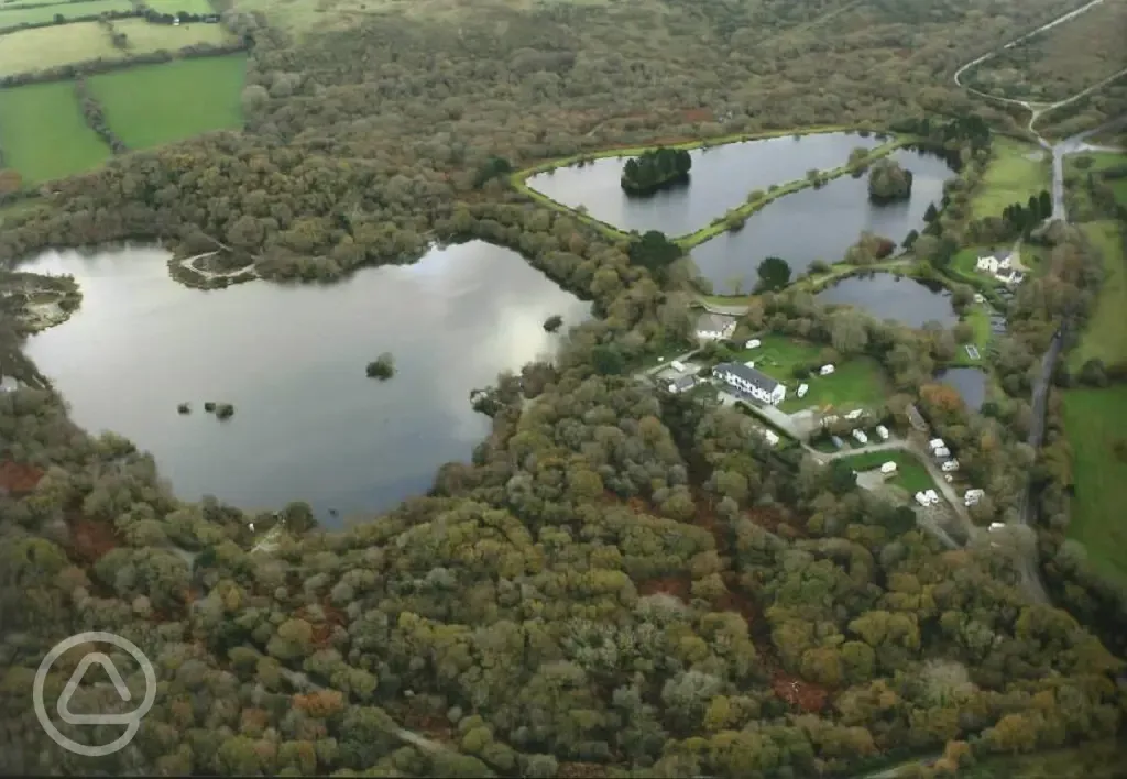 Aerial of the campsite and fly fishing lakes