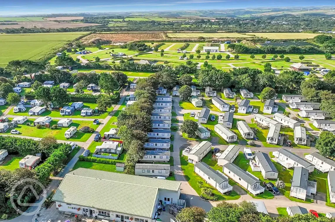 Aerial of Monkey Tree Holiday Park, with static caravans and touring pitches