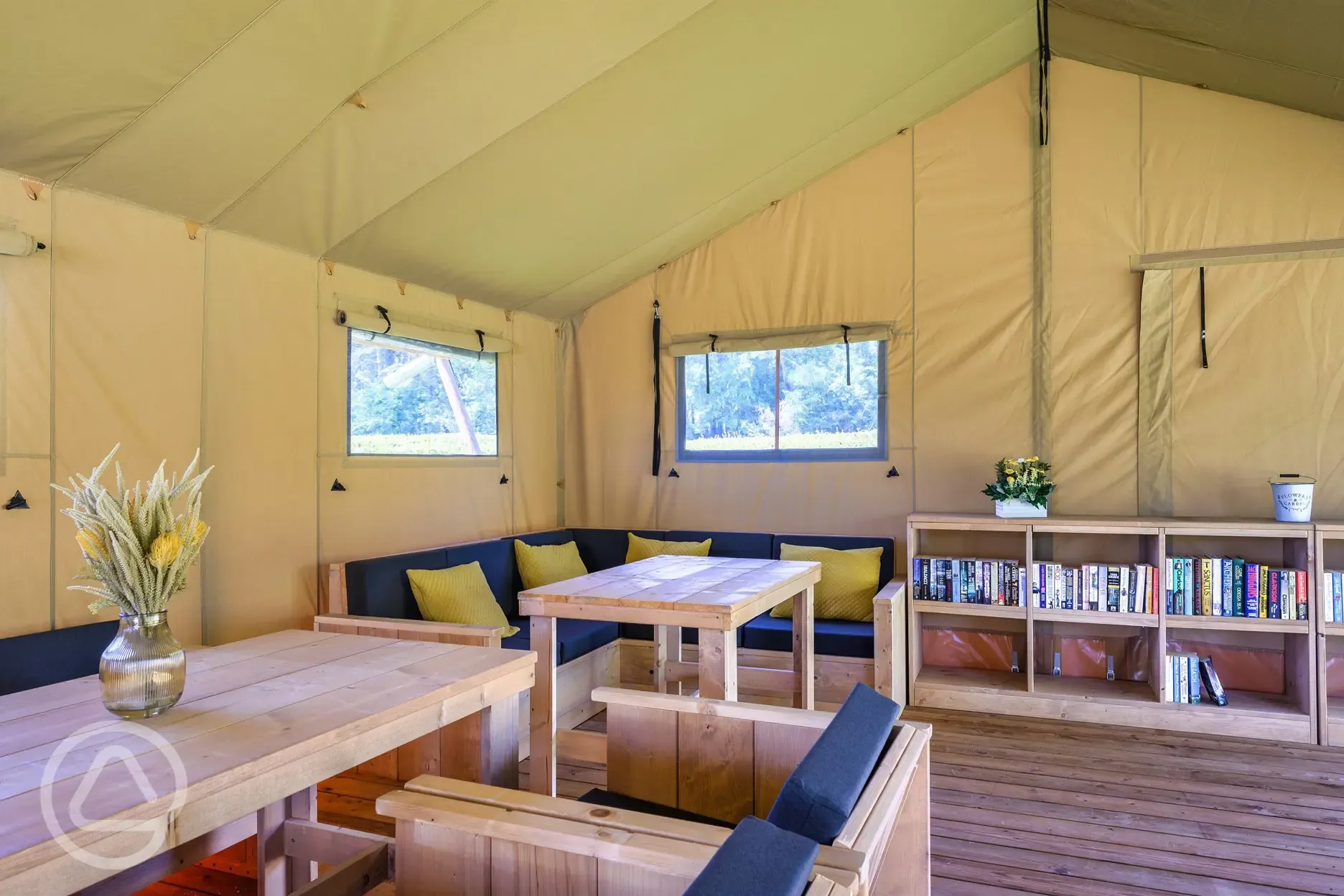 Communal safari tent lounge area