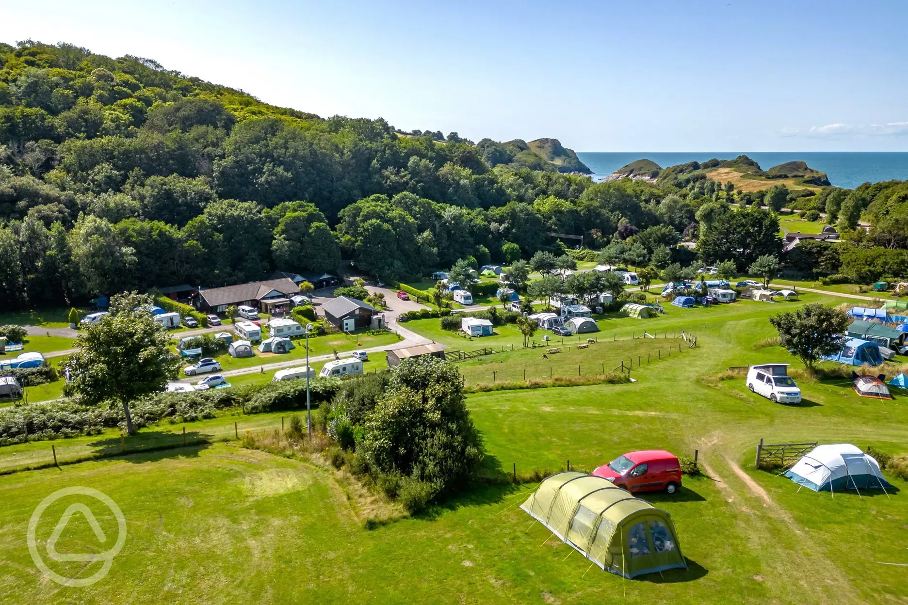 Aerial of the Valley pitches with shelter from trees
