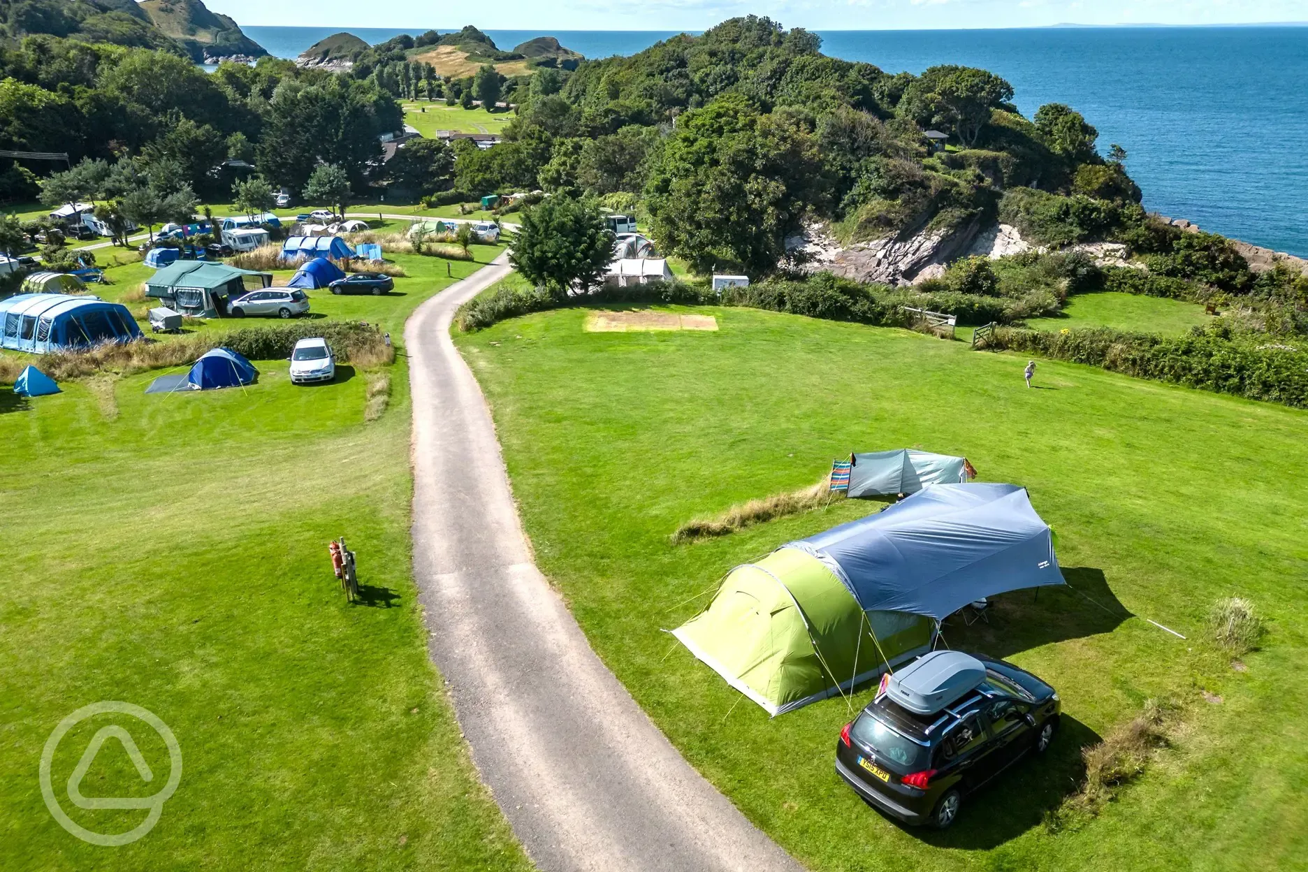 Aerial of the campsite with Sea View and Valley pitches