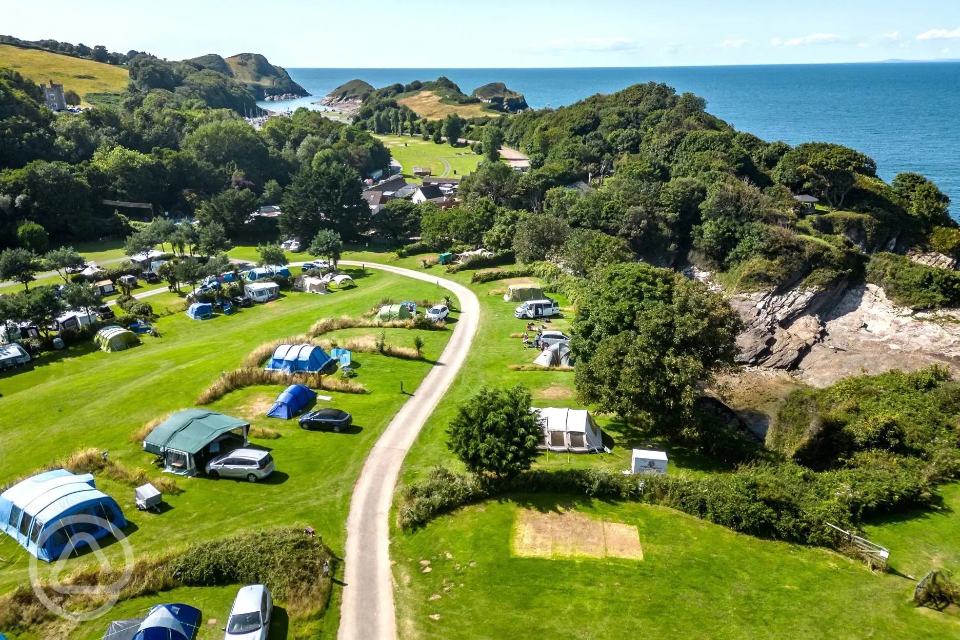 Aerial of the Valley pitches with shelter from trees