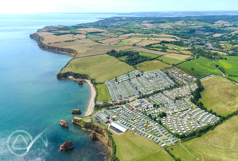 Aerial of Ladram Bay Holiday Park overlooking Ladram Bay Beach