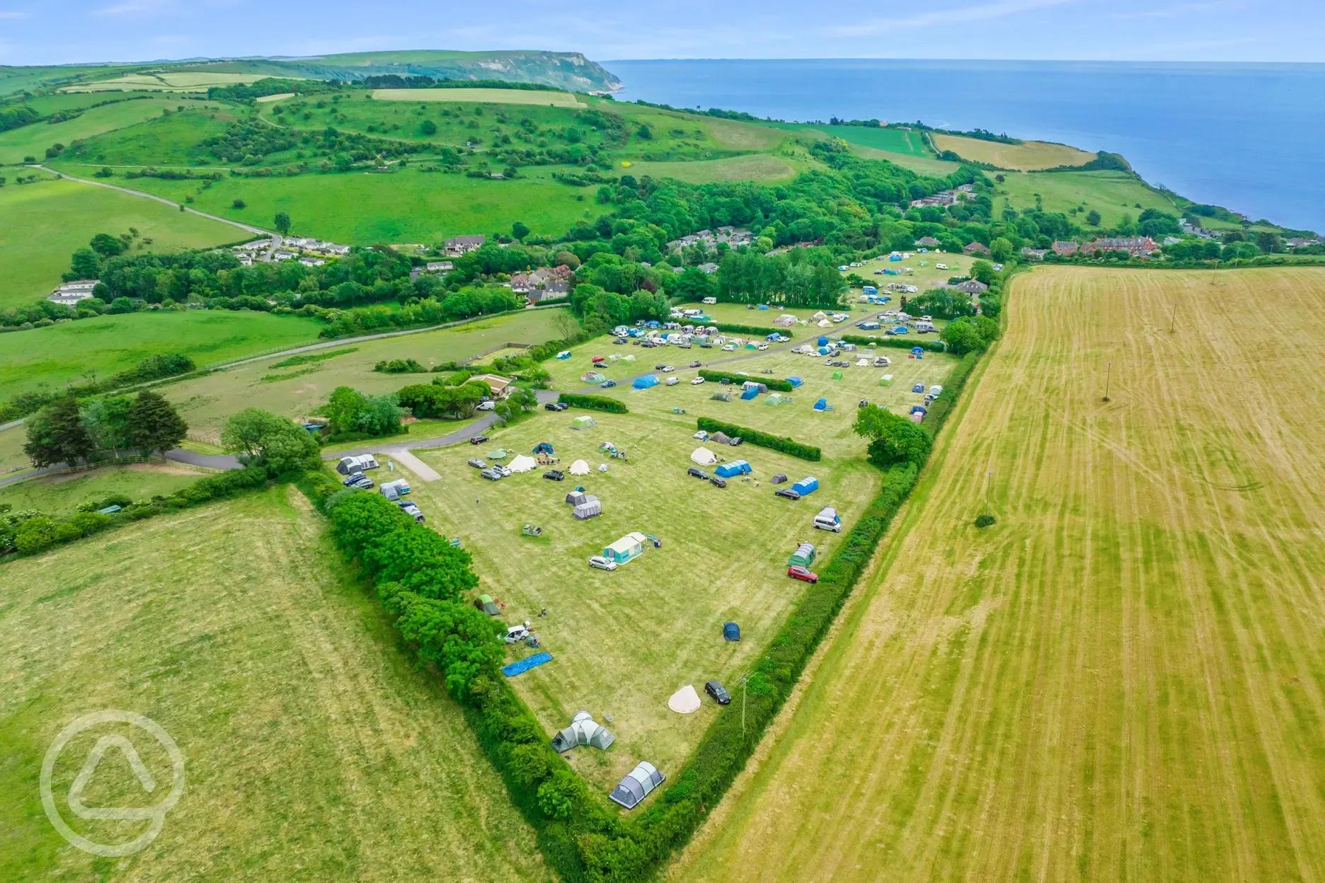 Aerial of Rosewall Camping with views overlooking Weymouth Bay
