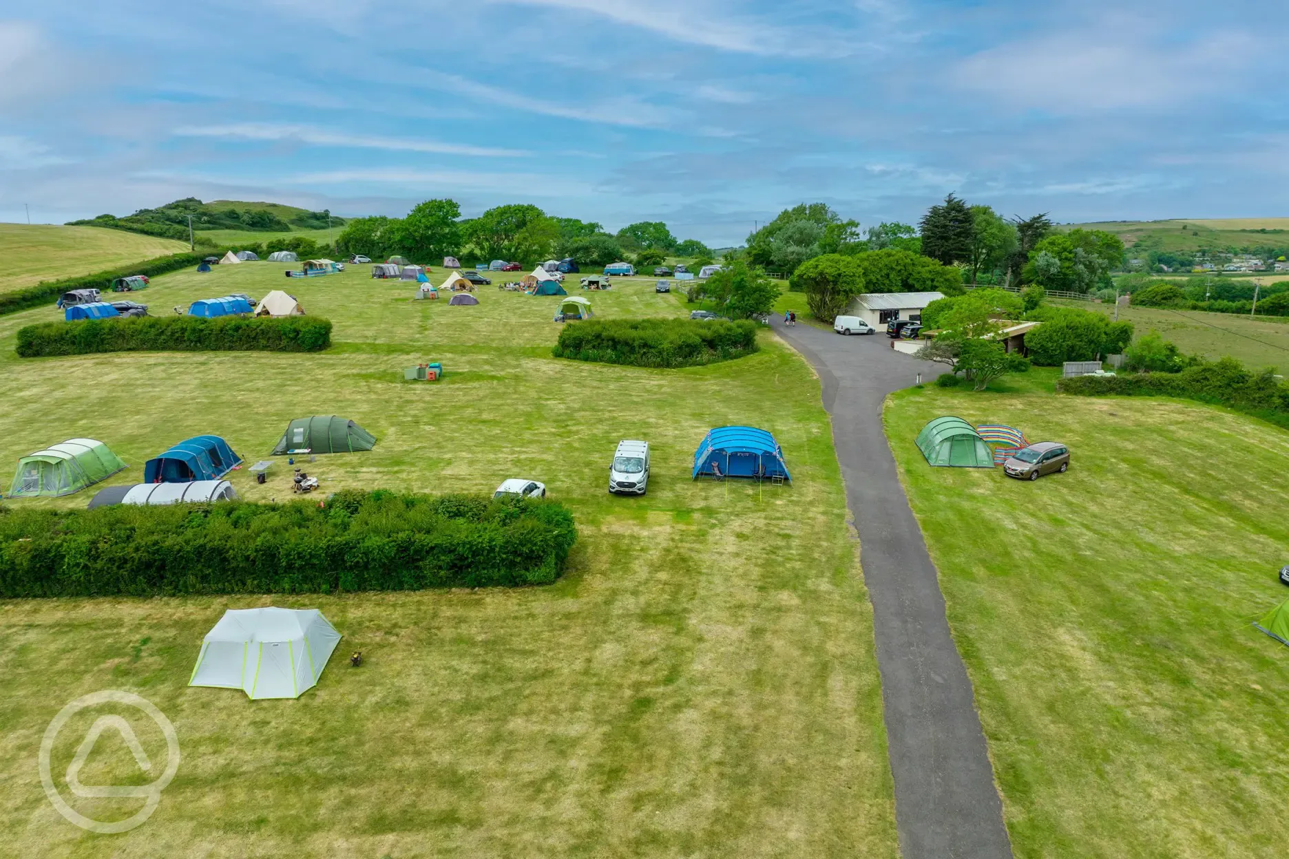 Aerial view of the non electric grass pitches, with areas separated by hedges