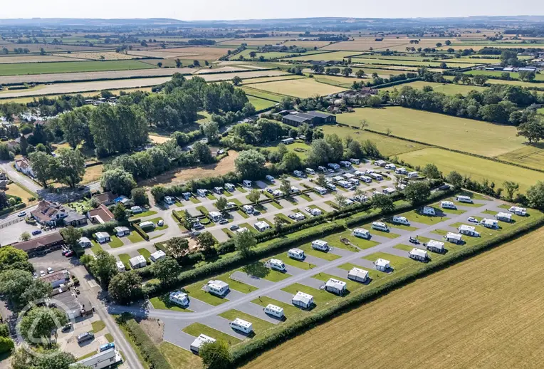 Aerial of Black Bull Caravan Park surrounded by countryside