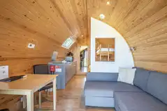 Five person glamping pods with a double bed, single bunk and double sofa bed