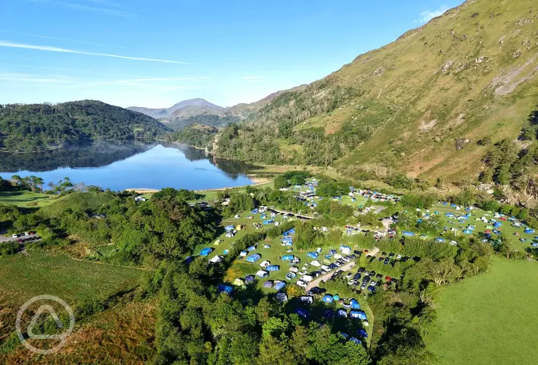 Aerial of Llyn Gwynant Campsite overlooking Llyn Gwynant lake and Snowdonia