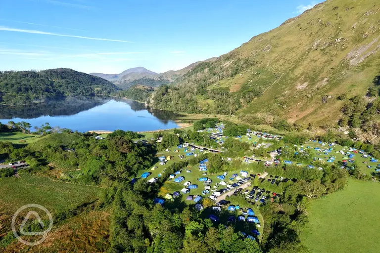 Aerial of Llyn Gwynant Campsite overlooking Llyn Gwynant lake and Snowdonia