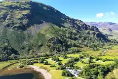 Aerial of Llyn the grass pitches at Gwynant Campsite