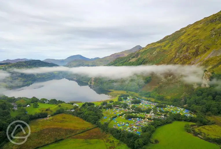 Aerial of Llyn Gwynant Campsite overlooking Llyn Gwynant lake and Snowdonia