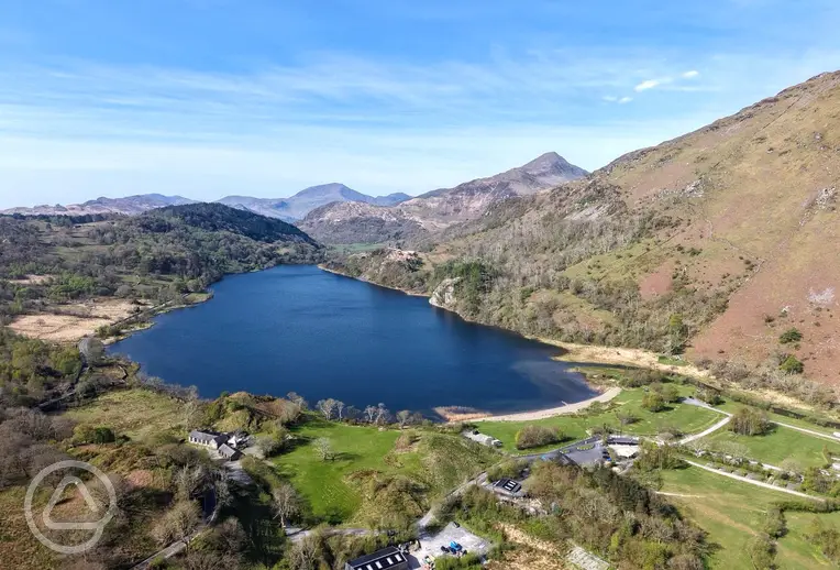 Aerial of Llyn Gwynant Campsite overlooking Llyn Gwynant lake and Snowdonia