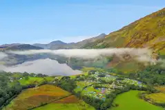 Aerial of Llyn Gwynant Campsite overlooking Llyn Gwynant lake and Snowdonia