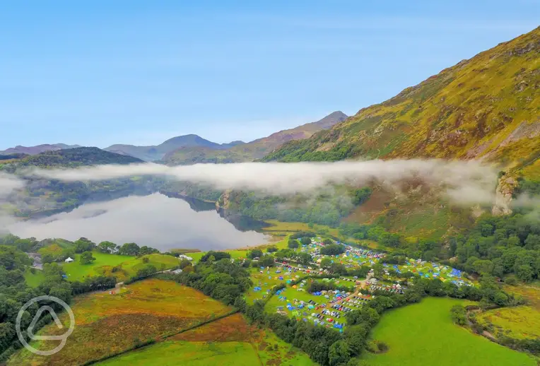 Aerial of Llyn Gwynant Campsite overlooking Llyn Gwynant lake and Snowdonia