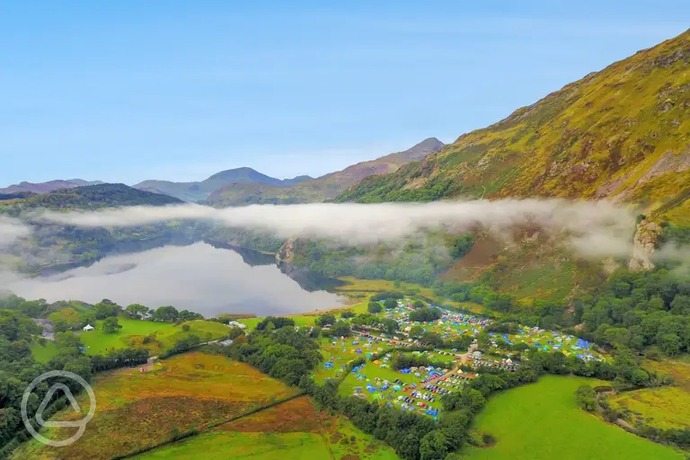 Aerial of Llyn Gwynant Campsite overlooking Llyn Gwynant lake and Snowdonia