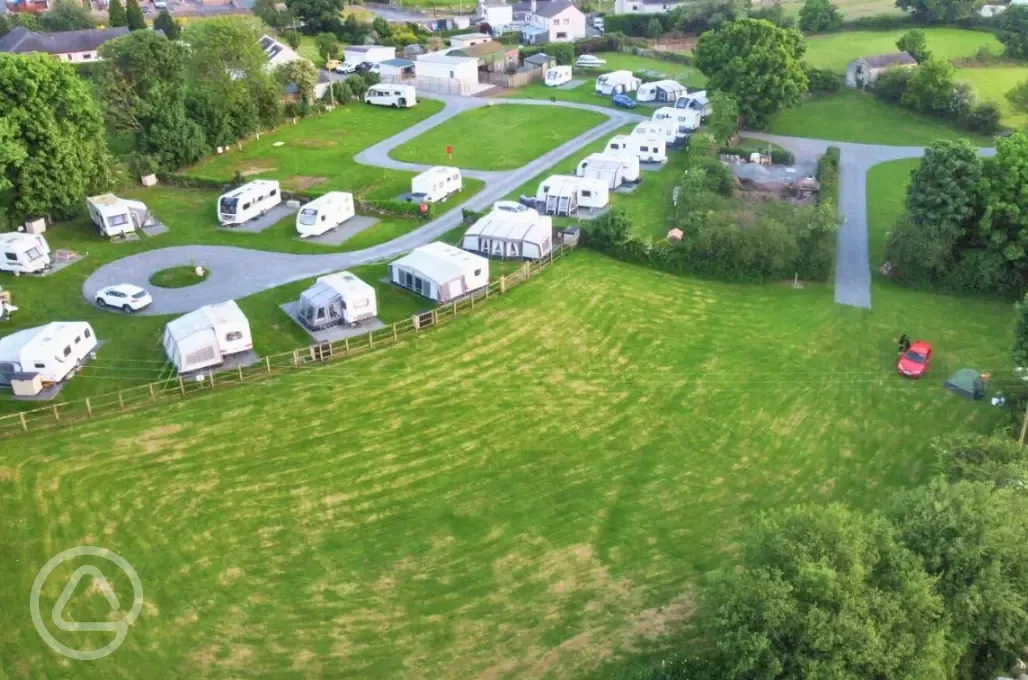 Aerial of grass pitches with seasonal pitches behind