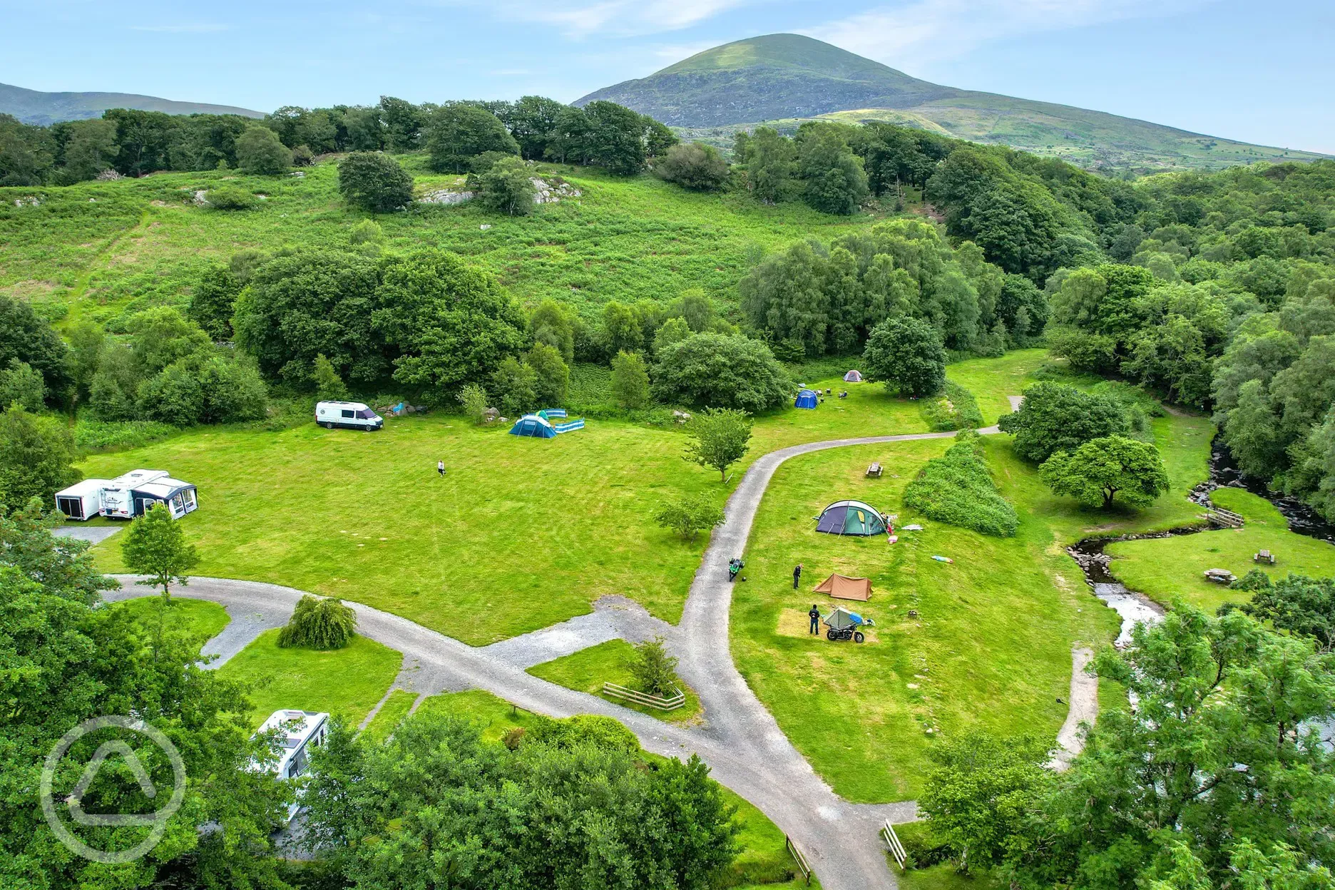 Campsite aerial of the grass camping and grass touring pitches Campsite aerial of the grass camping and grass touring pitches