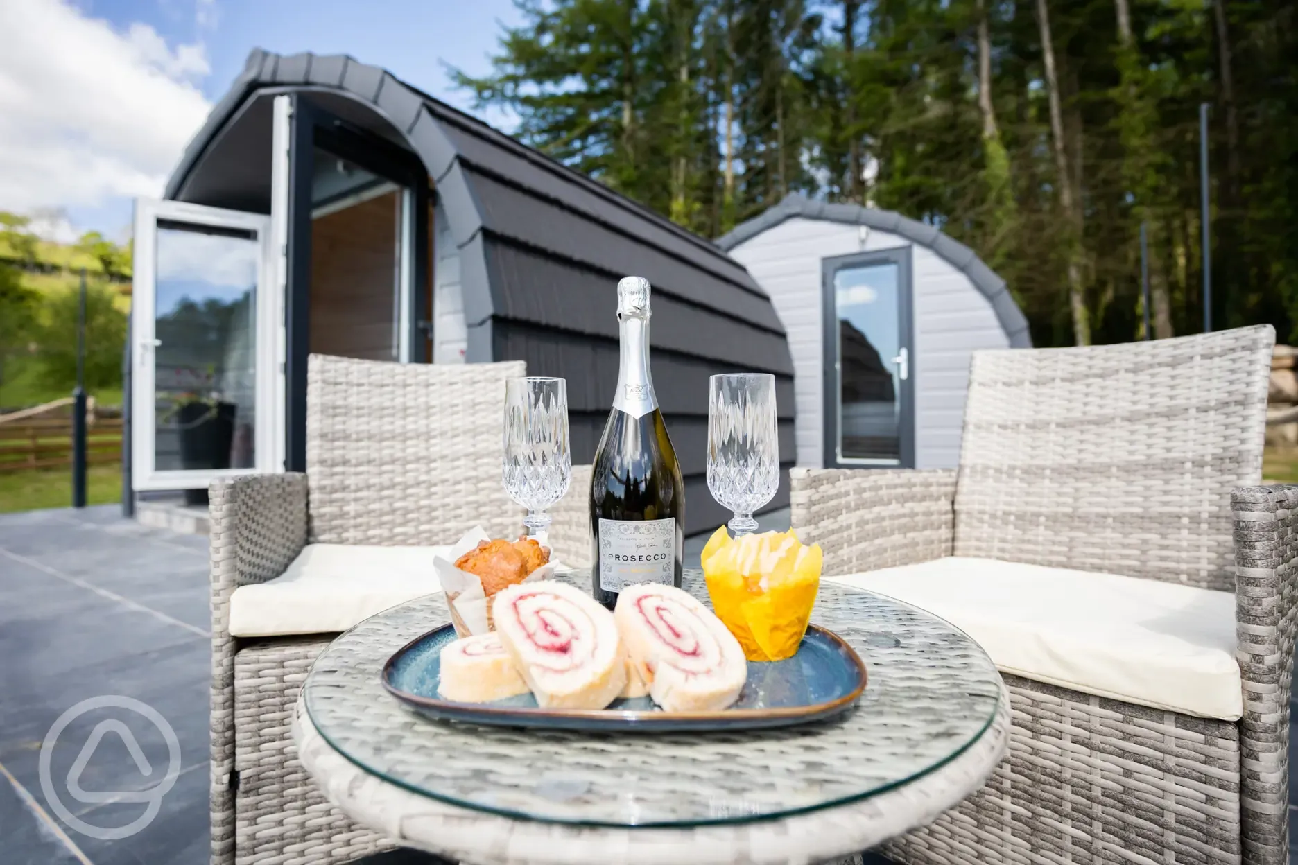 Luxury ensuite glamping pod outdoor seating area