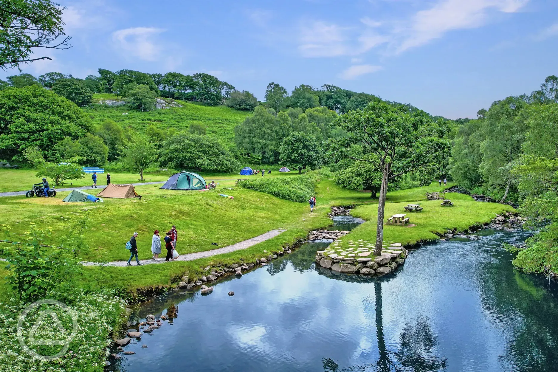 Grass camping pitches by the river