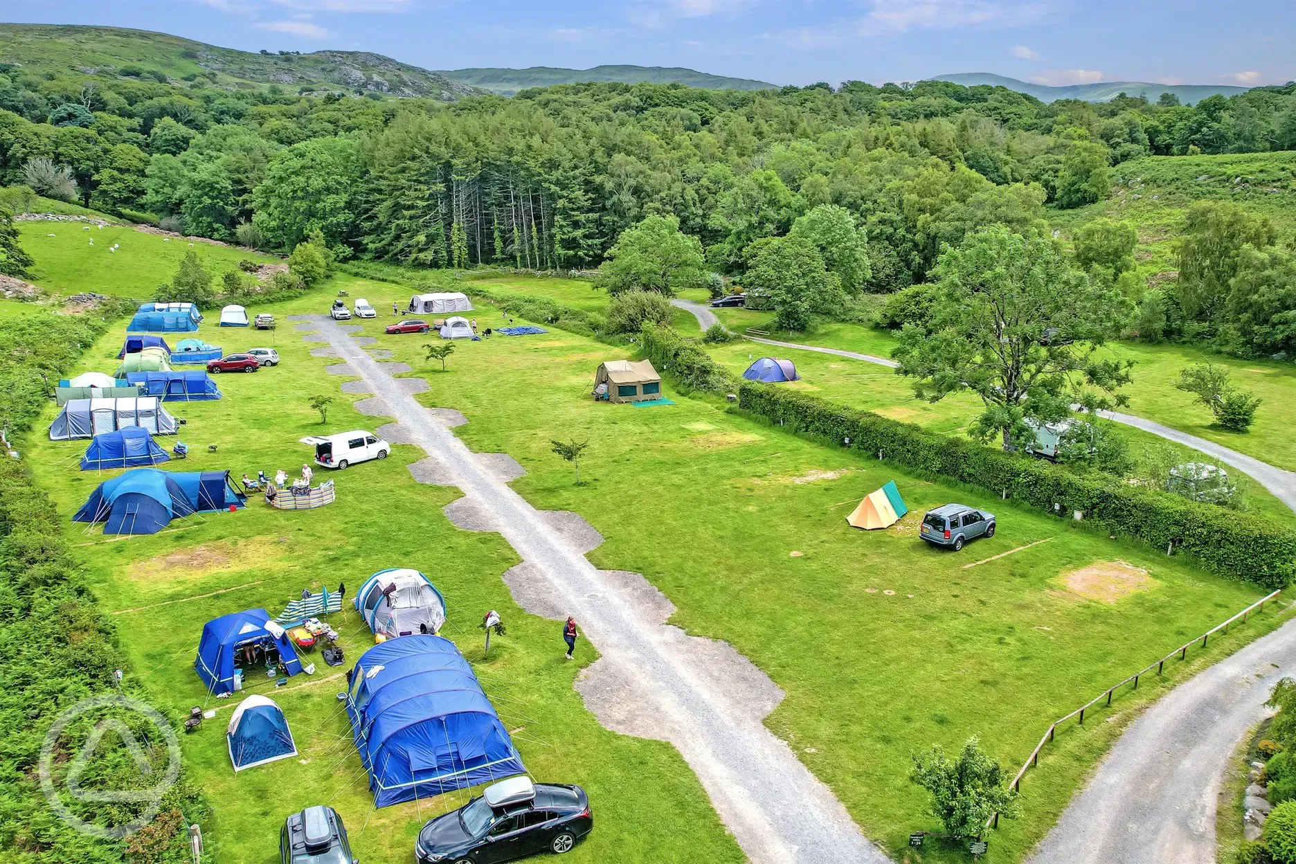 Aerial of the grass camping pitches