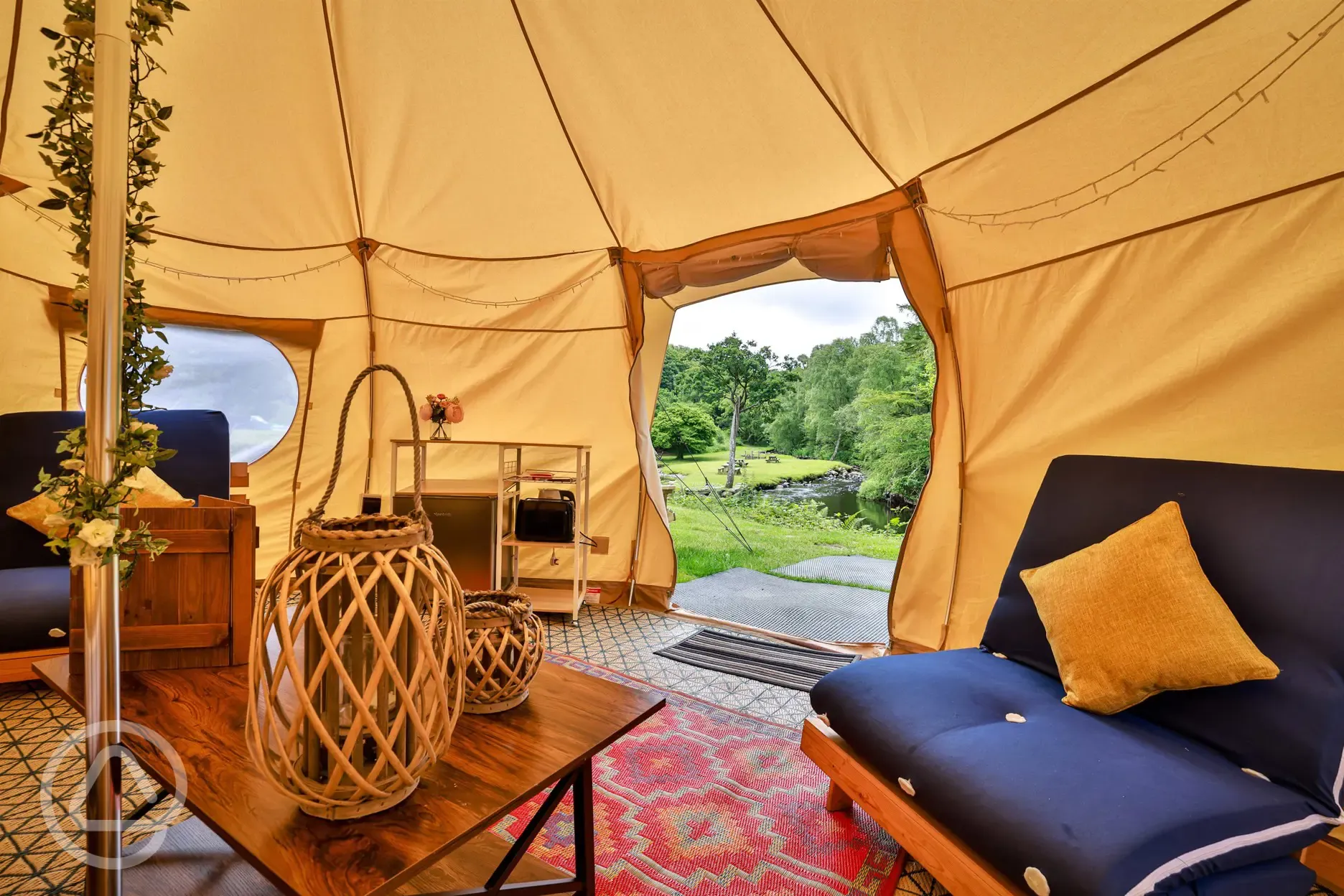 Bell tent interior with lighting, electric and a cool box Bell tent interior with lighting, electric and a cool box