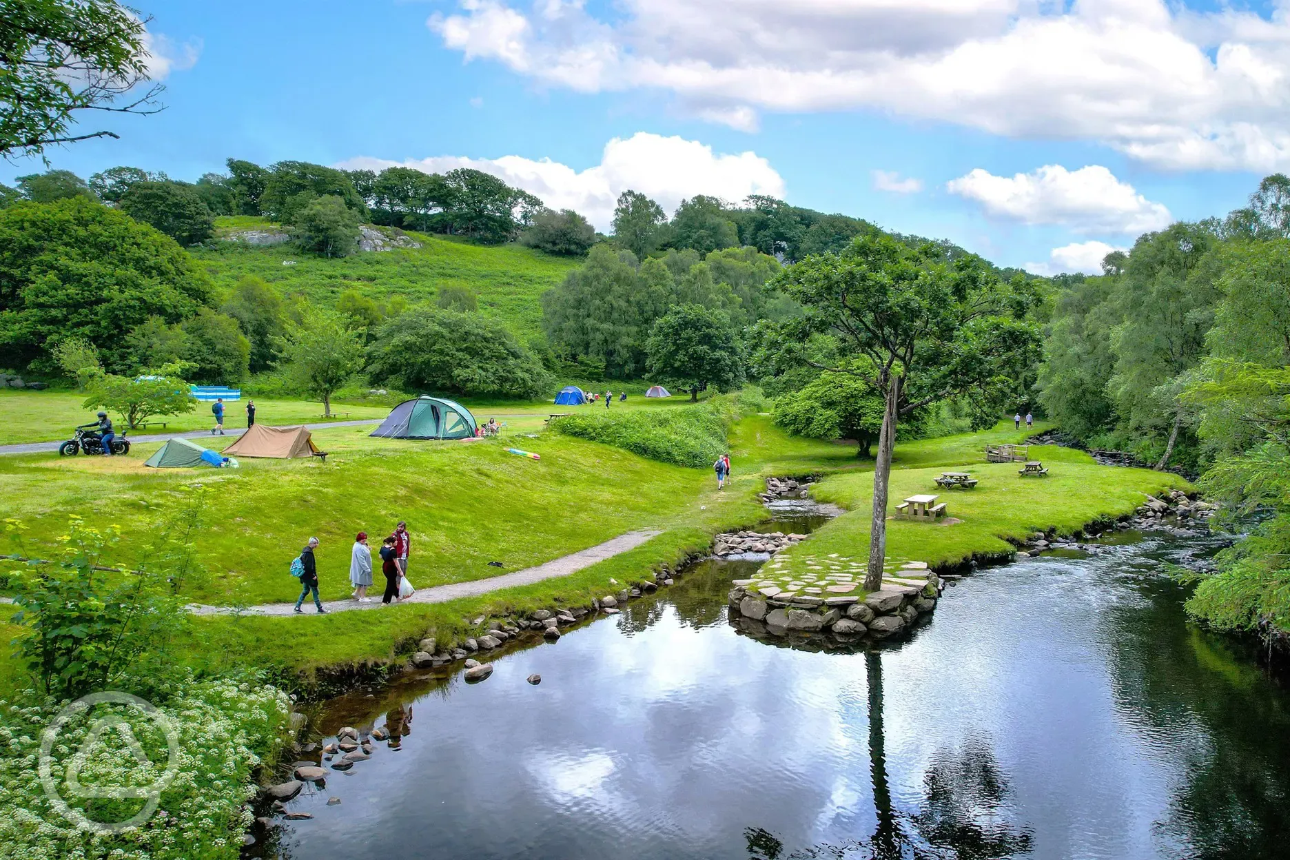 Grass camping pitches by the river