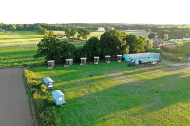Aerial of the glamping area at Top Farm Caravan and Camping Site
