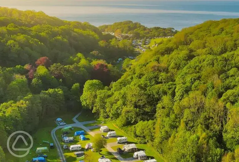 Aerial of Mill Park Campsite with views towards Broadsands Beach