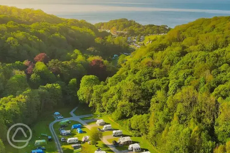 Aerial of Mill Park Campsite with views towards Broadsands Beach