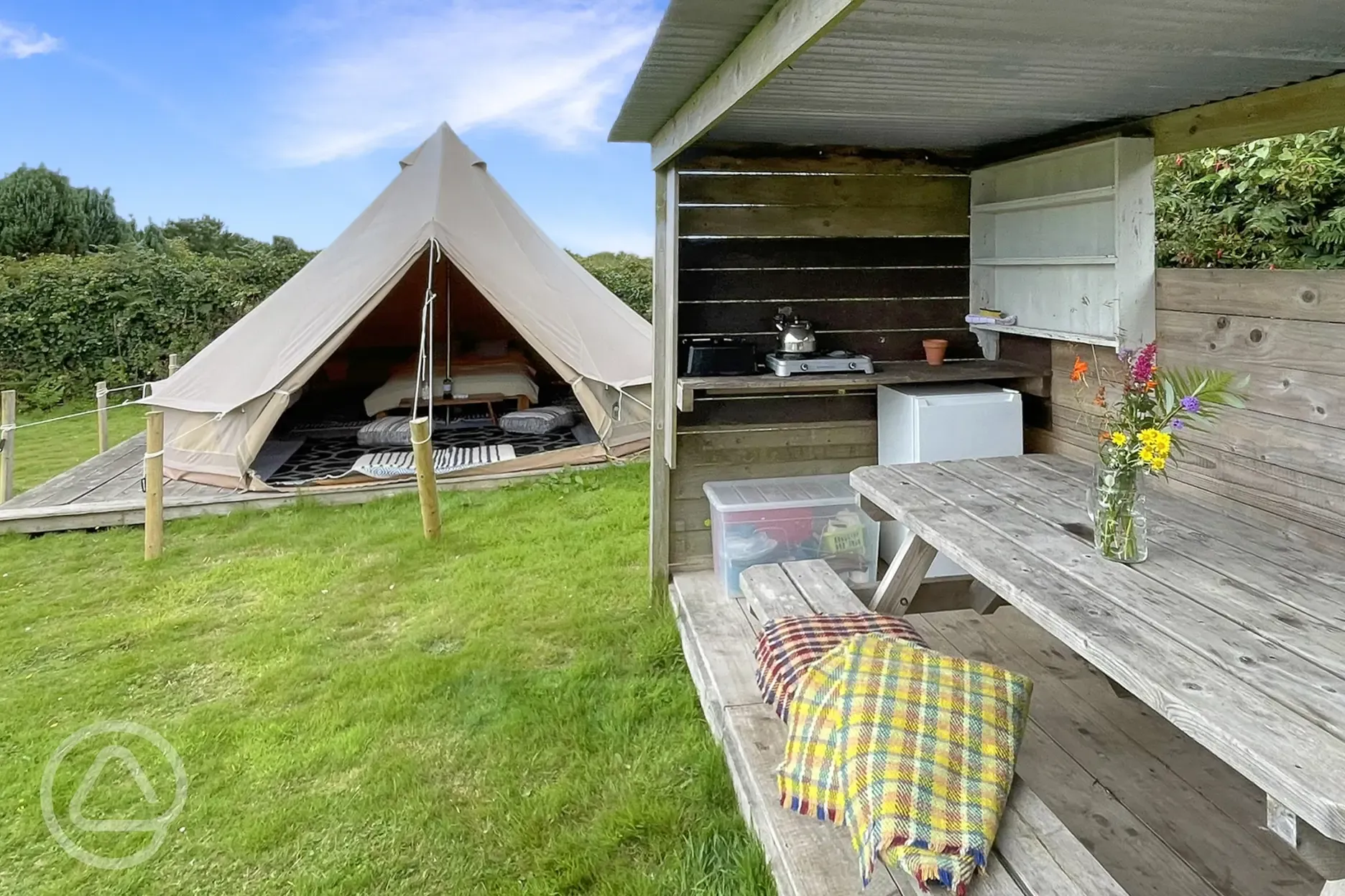 Bell tent with electric hook up and private kitchen shelter