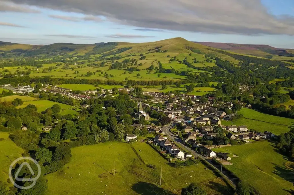 Aerial of Laneside Caravan Park and surrounding Peak District