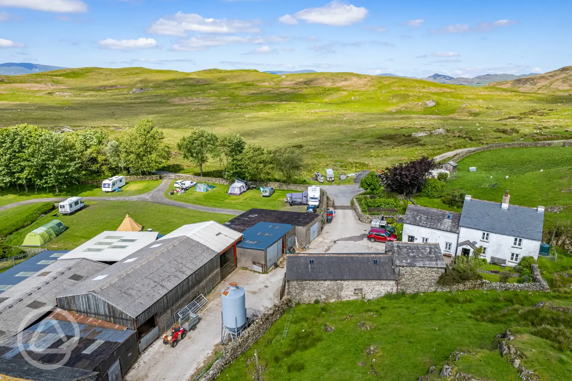 Aerial of Birchbank Camping Site with views of the fells