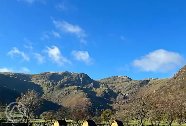 Camping pods with Lake District mountain views