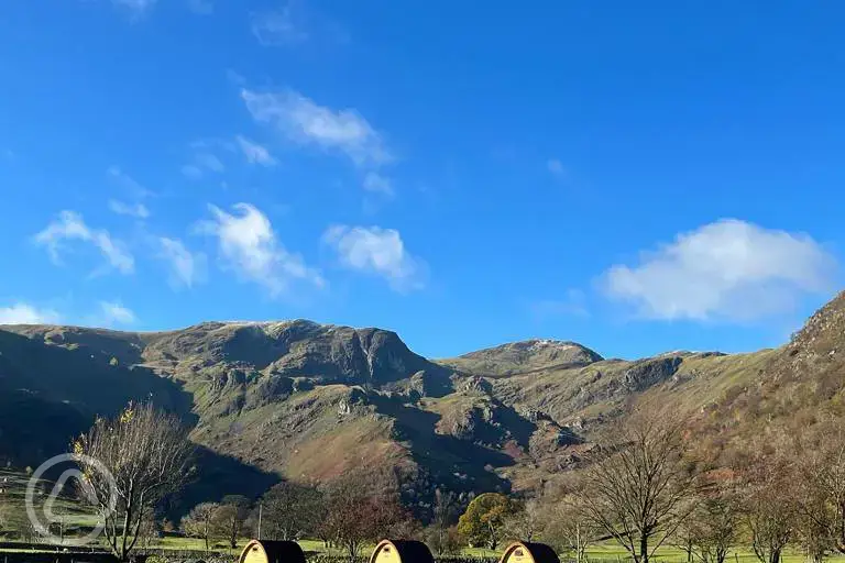 Camping pods with Lake District mountain views