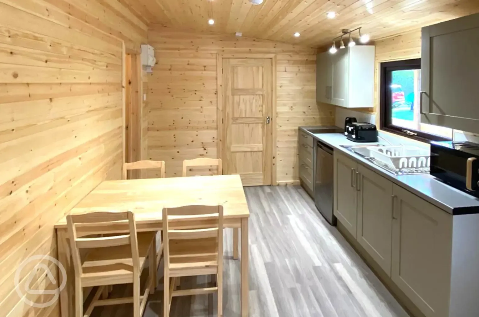 Pine/Ash lodge main living/kitchen/dining room