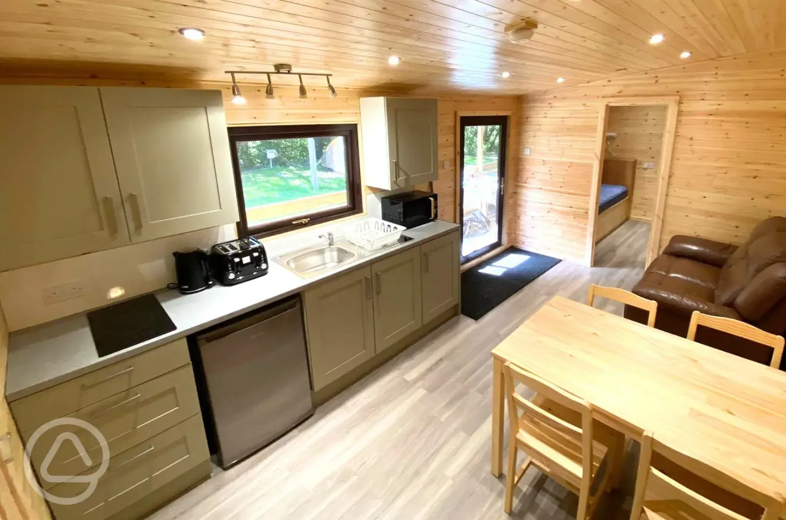 Pine/Ash lodge main living/kitchen/dining room