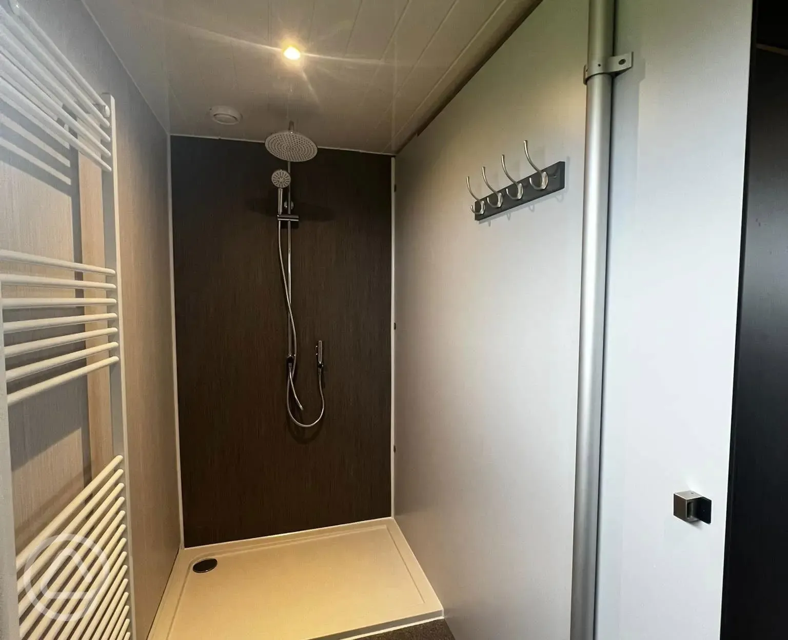 Shower with heated towel rail and hooks