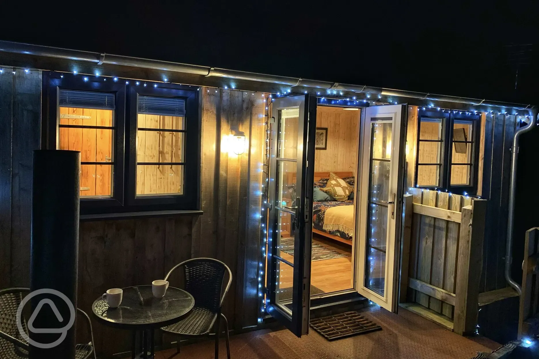 Glamping cabin at night