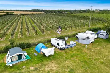 Aerial of the electric grass pitches (5m x 8m) at Painters Farm Campsite 